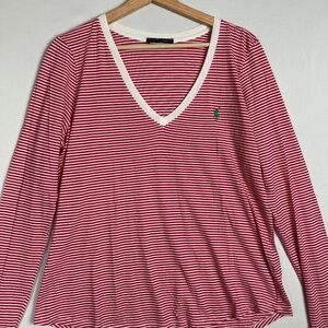 Ralph Lauren Women's Soft Red Striped Long Sleeve V Neck Shirt Green Pony XL